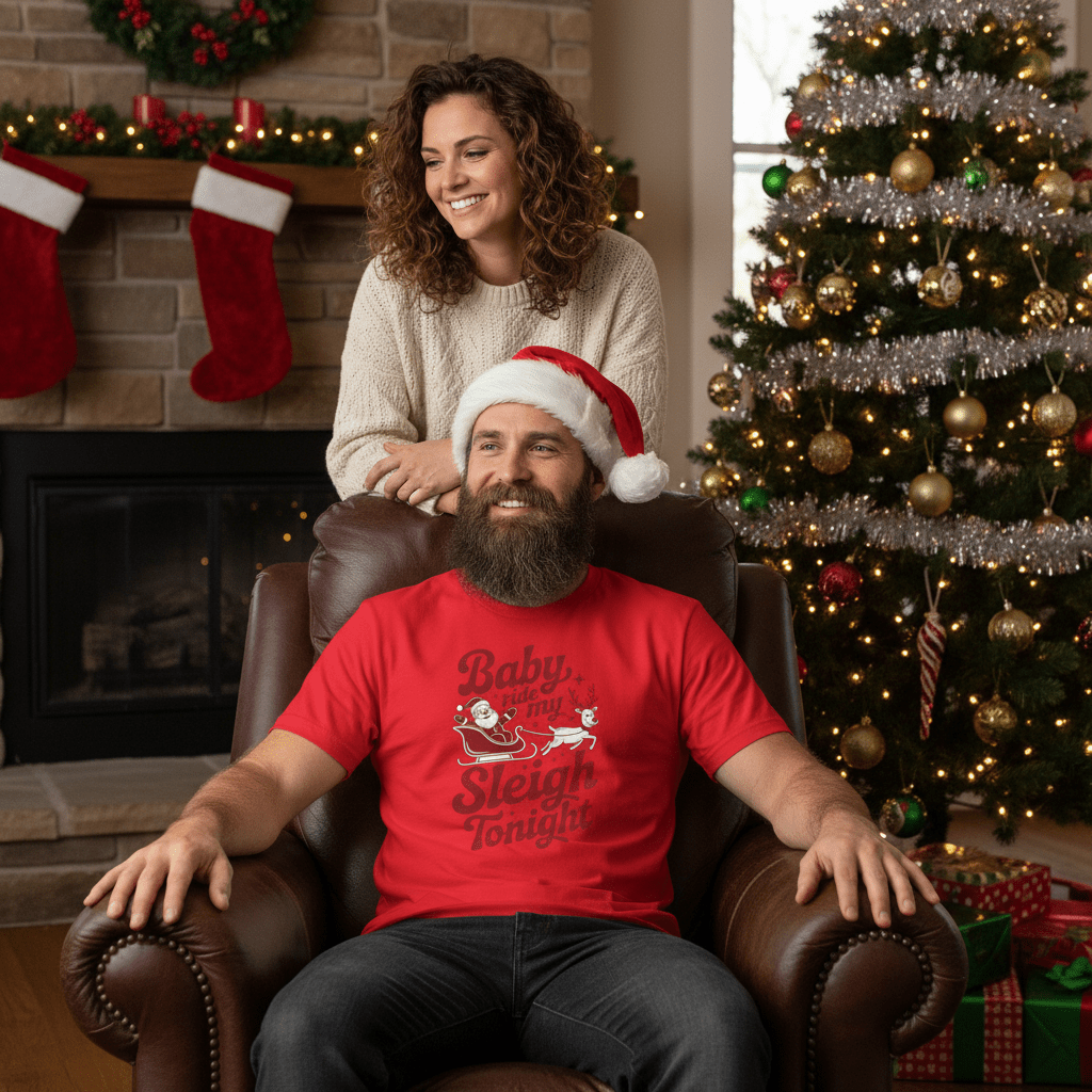 Only Dads – Baby, Ride My Sleigh Tonight T-Shirt – funny dad shirt and mens graphic tee from Only Dads USA