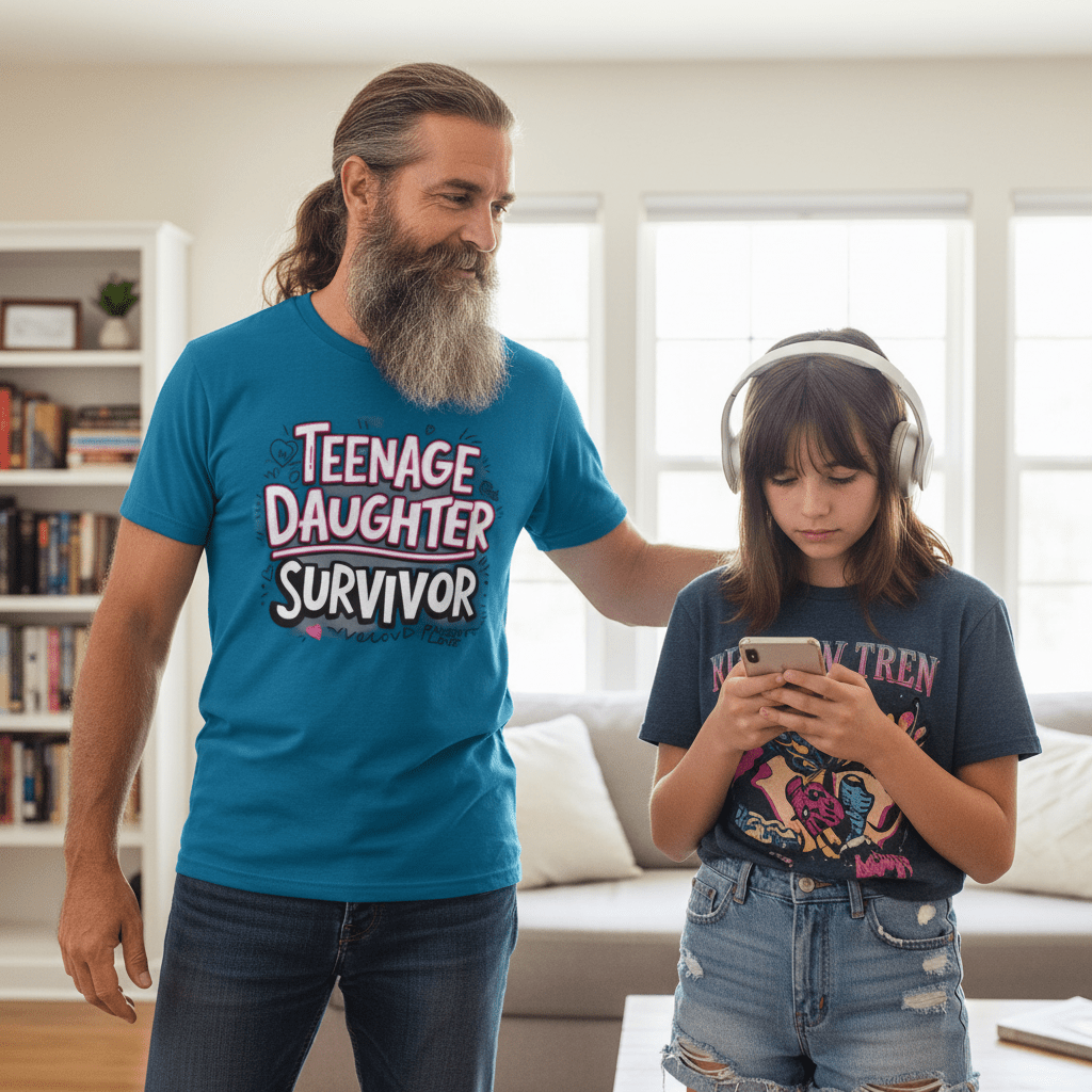 Teenage Daughter Survivor  - Only Dads T-shirt – funny dad shirt and mens graphic tee from Only Dads USA