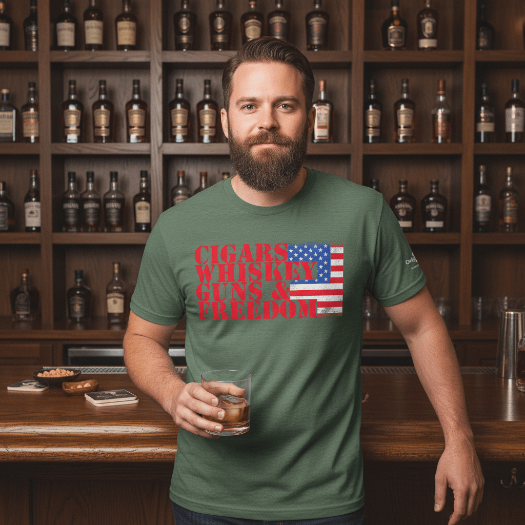Cigars Whiskey Guns & Freedom – Only Dads T-Shirt – funny dad shirt and mens graphic tee from Only Dads USA